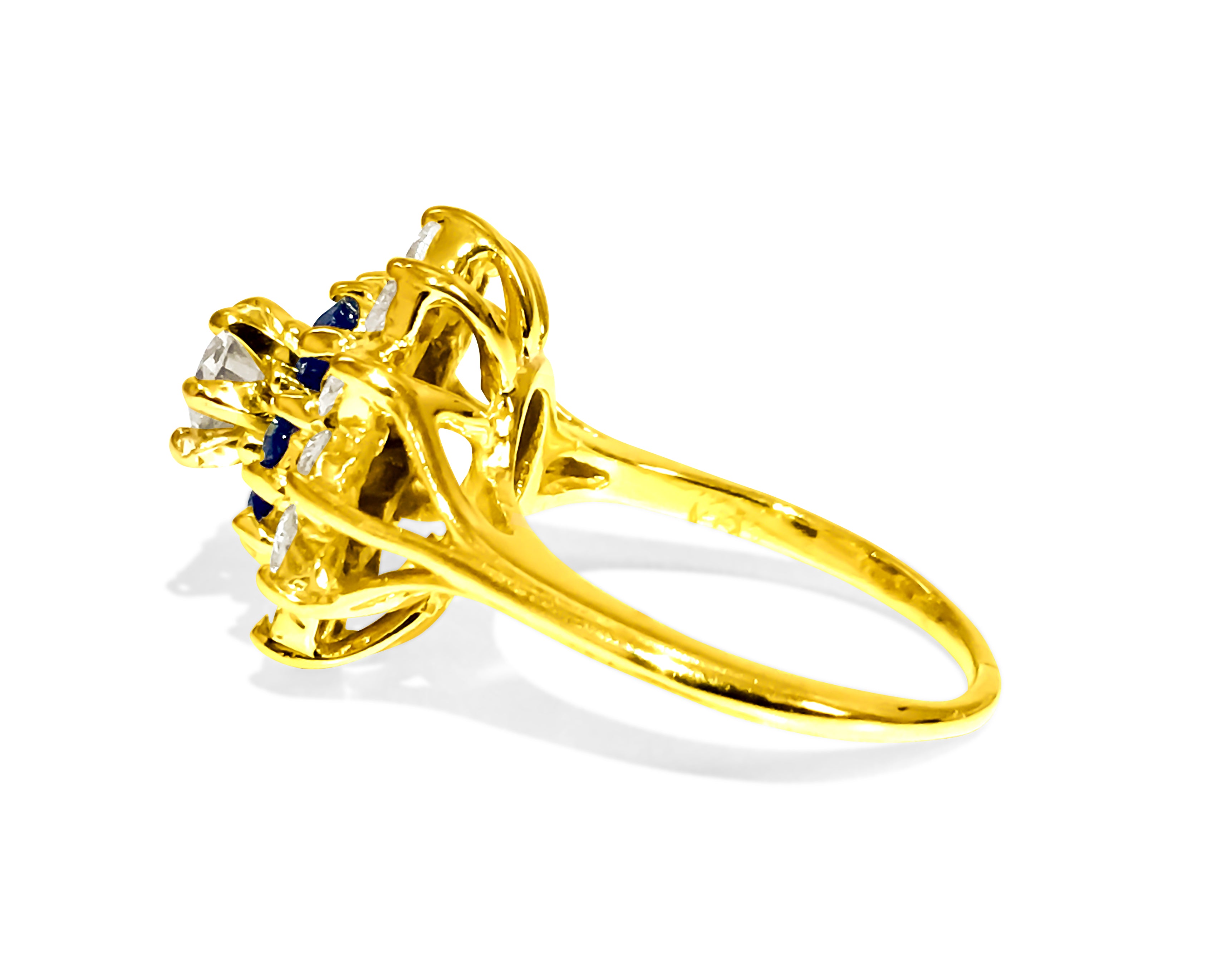 18K Gold. 2.12 Carat Diamond and Blue Sapphire Ring